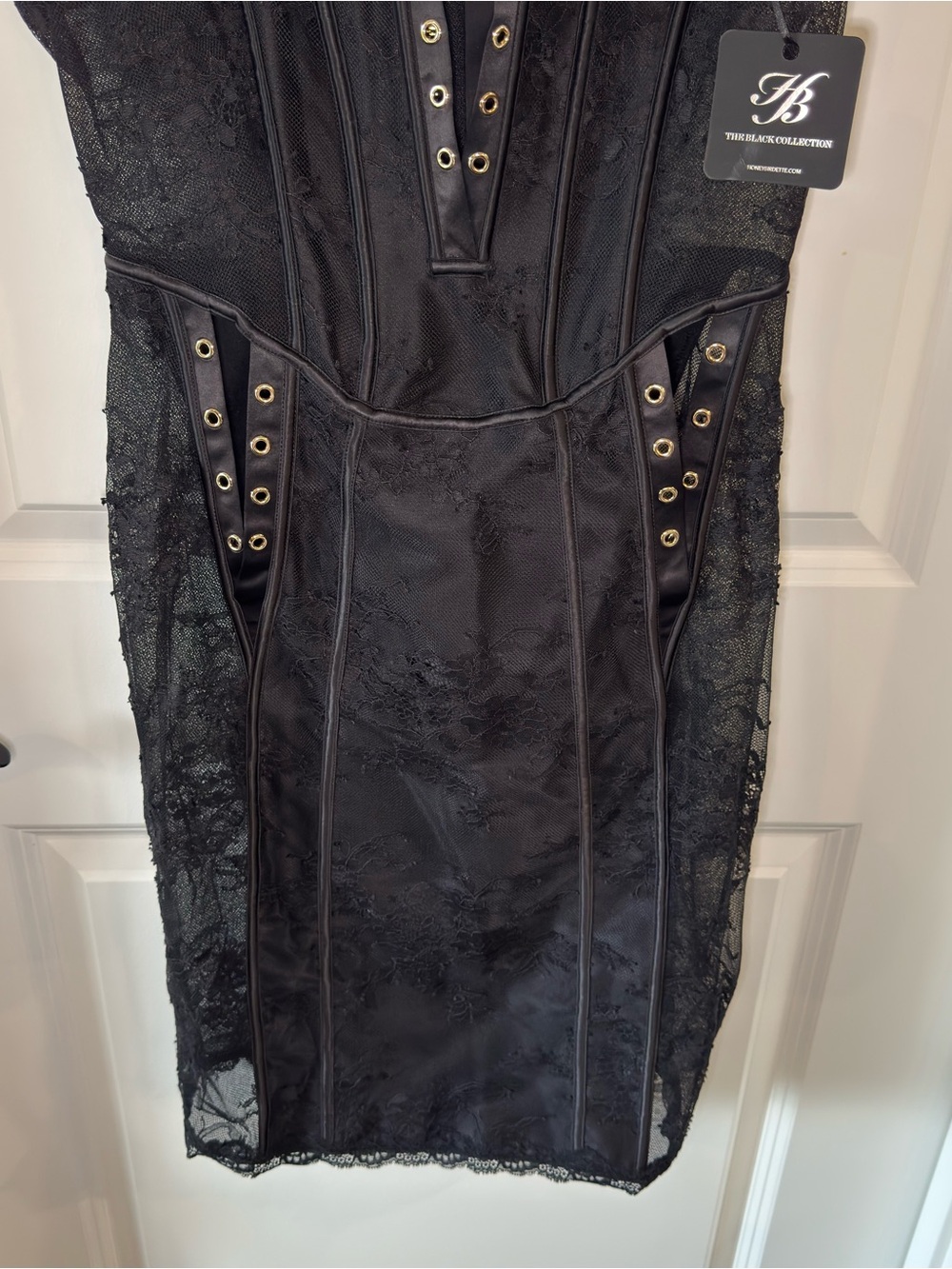 Honey Birdette Rebecca Mini Lace Up Lace Dress in Black - Picture 4 of 16
